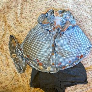 Toddler blue gingham spring outfit with embroidered strawberries